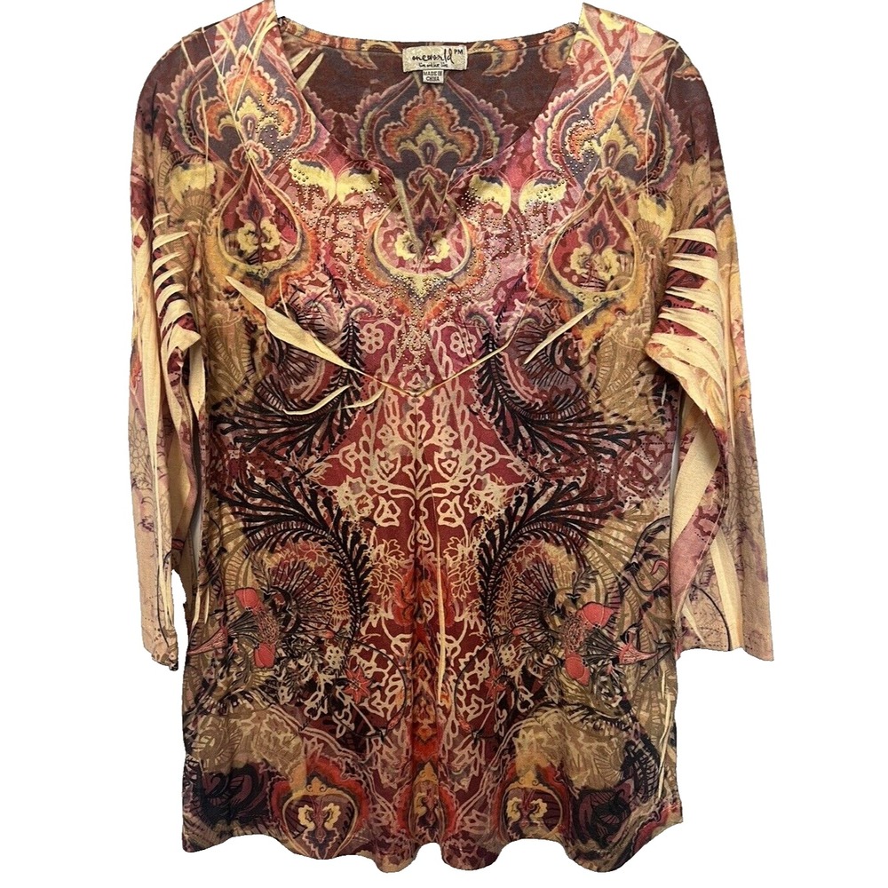 One World Womens Top Medium Petite 3/4 Sleeve Knit V Neck Brown Gold Shirt Tunic
